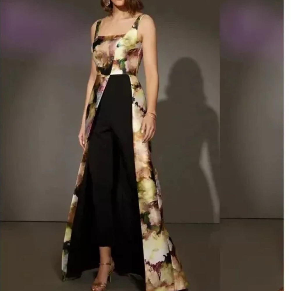 Kay Unger Black Marigold Mattie Floral Maxi Romper Jumpsuit Size 0